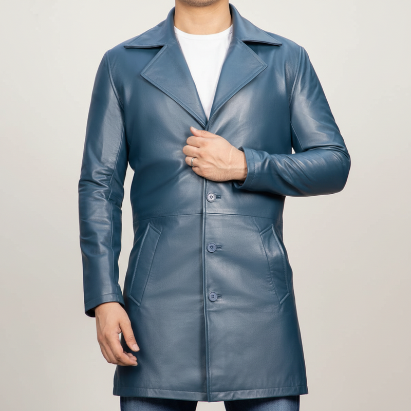 Men's Handmade Black Leather Trench Coat