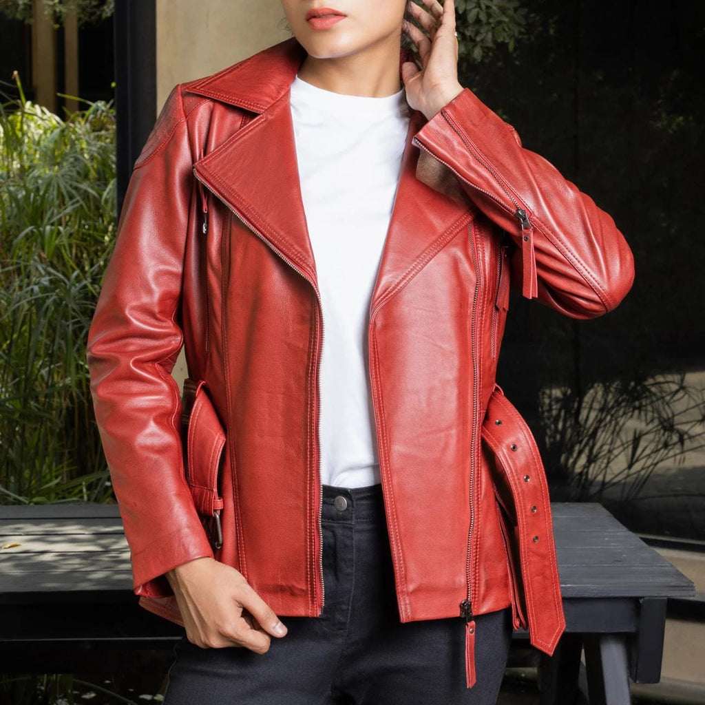 Women's Handmade Lambskin Leather Red Biker Jacket – Tailor Leather