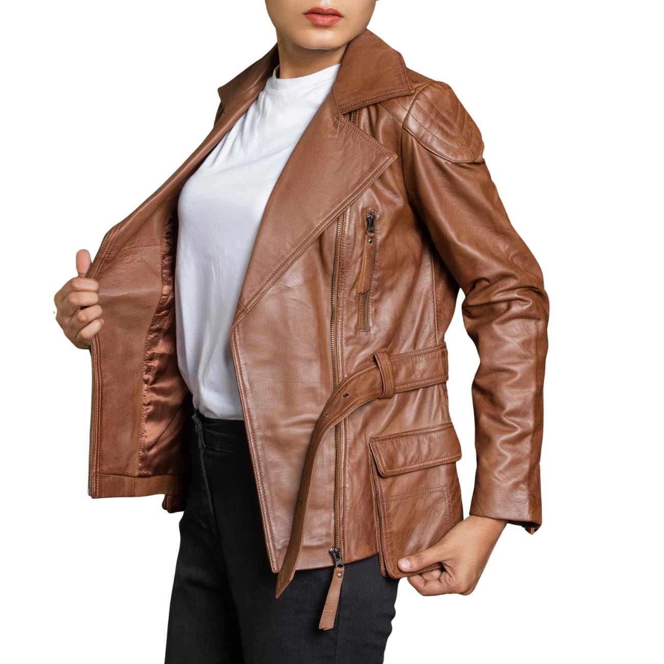 Women's Handmade Lambskin Leather Brown Biker Jacket – Tailor Leather