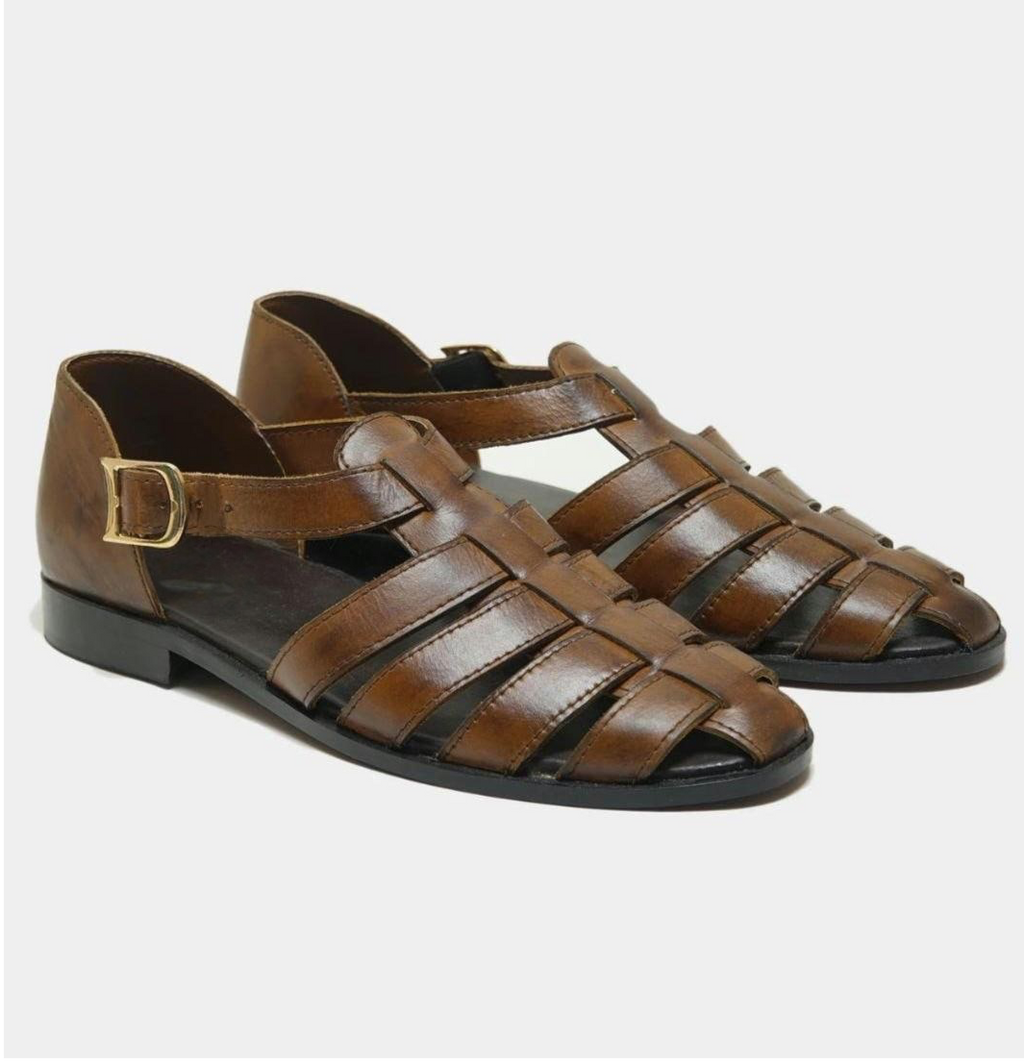 Men's handmade leather fisherman sandals by TAILOR LEATHER featuring brown leather straps and sturdy sole.
