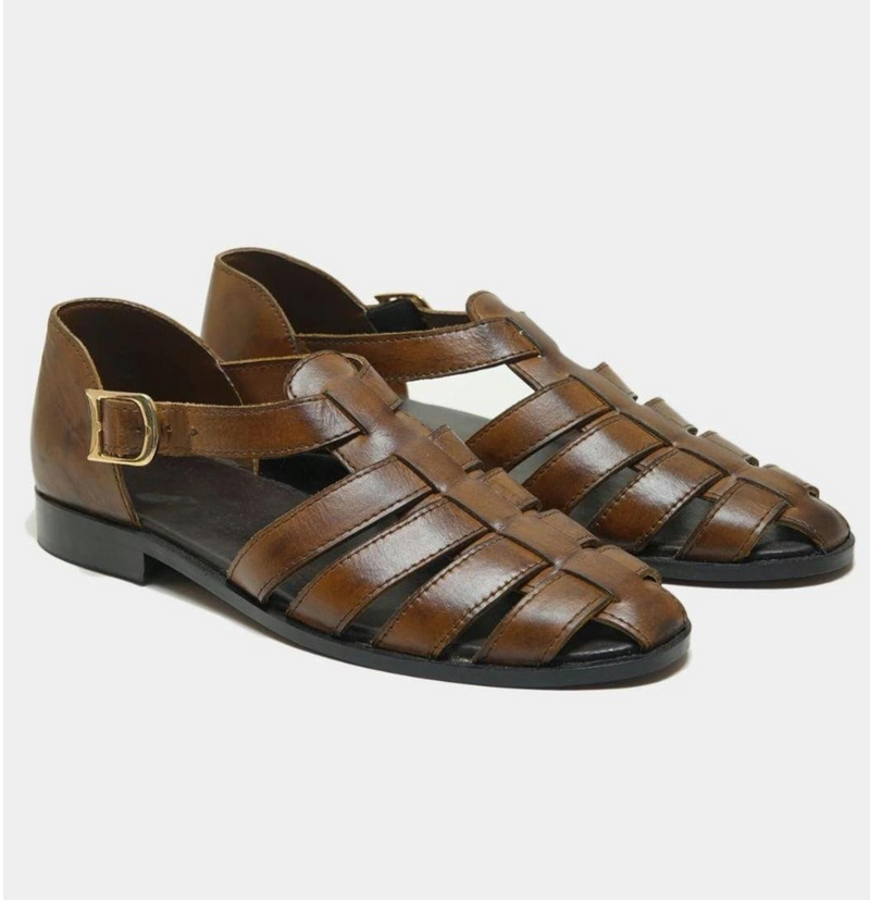 Men's handmade leather fisherman sandals by TAILOR LEATHER featuring brown leather straps and sturdy sole.