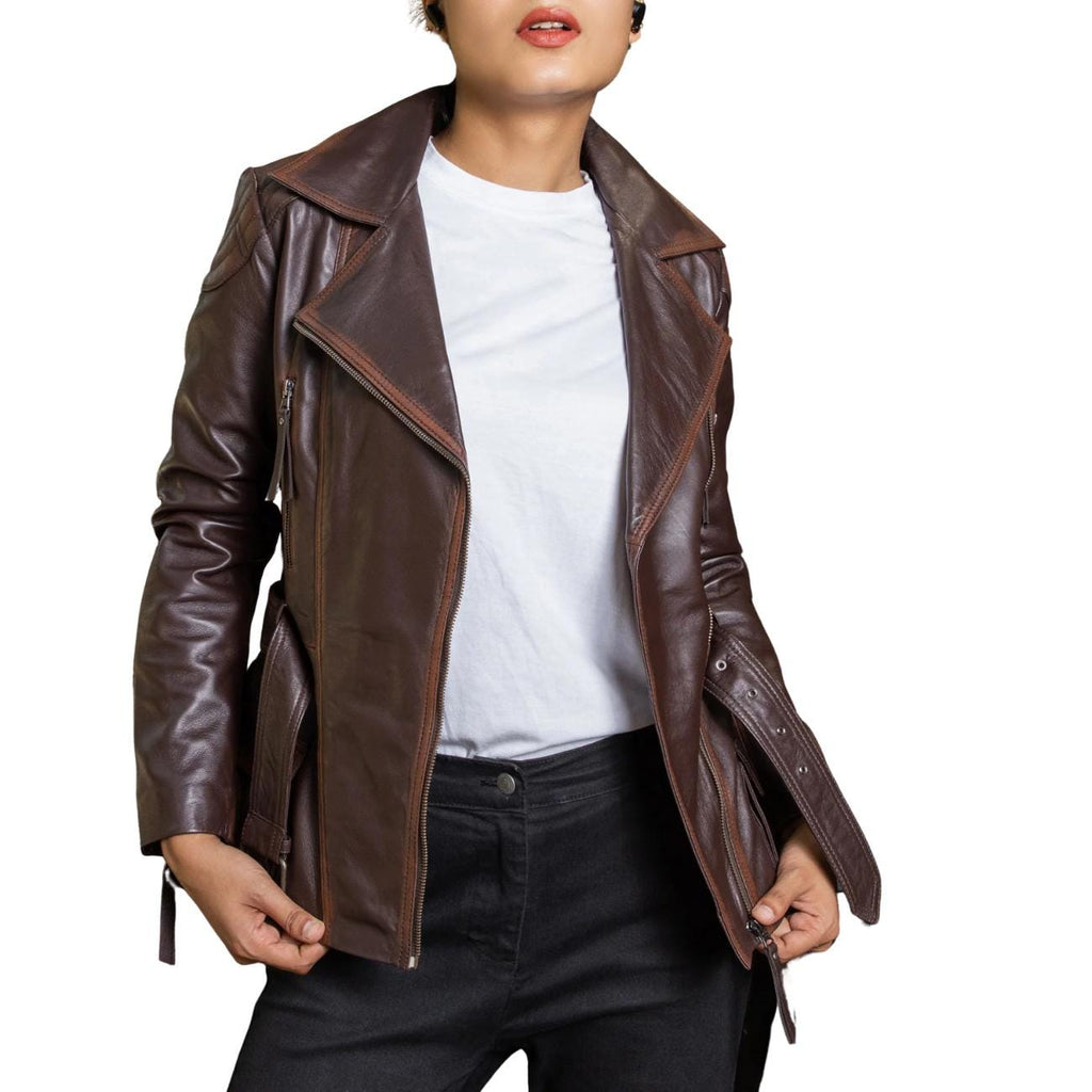 Women's Handmade Lambskin Leather Brown Biker Jacket – Tailor Leather