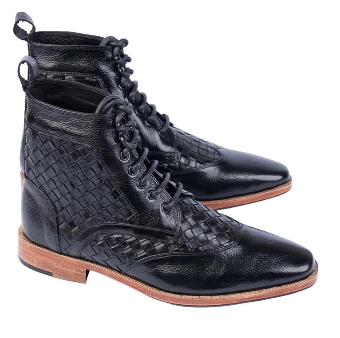 Black men's handmade leather ankle boots with woven leather panels, lace-up closure, rounded toe, and contrasting brown sole for stylish everyday wear - SKU: BL-0020