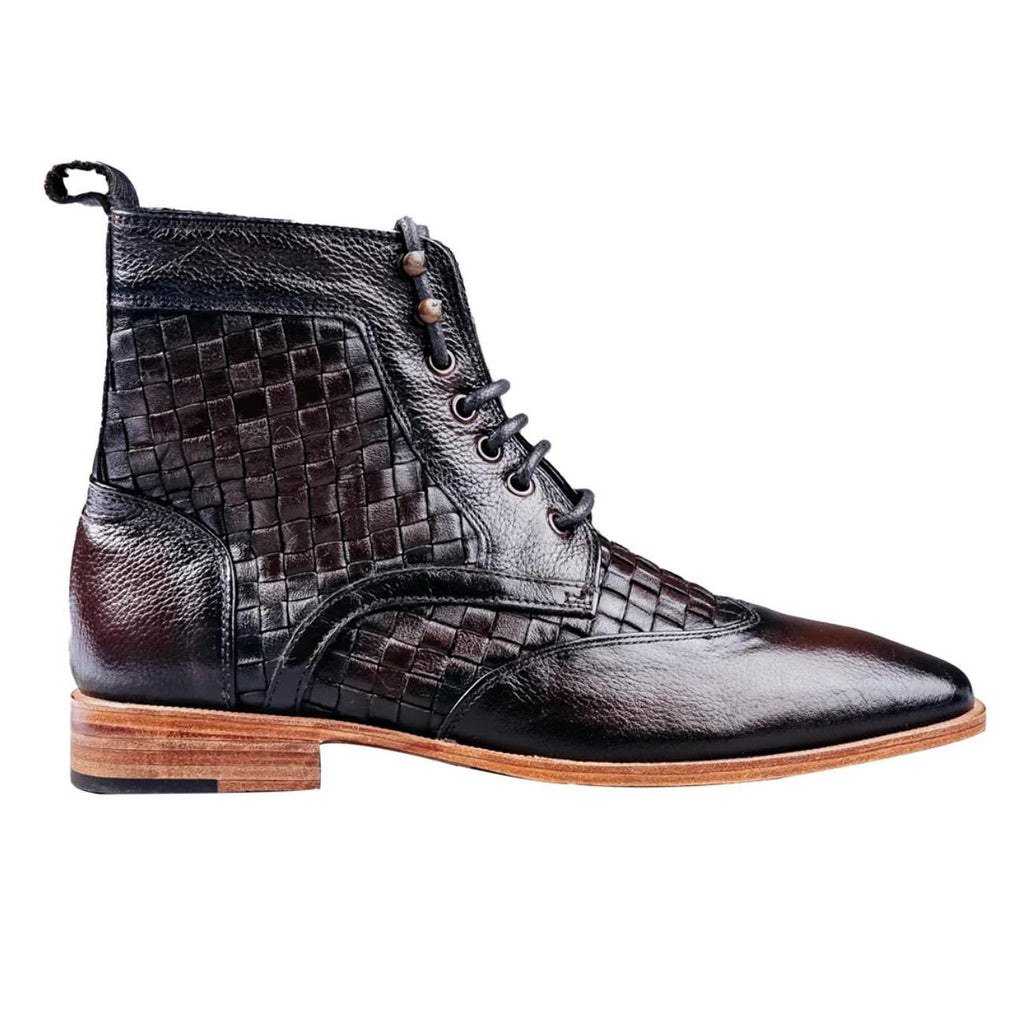 Black men's leather ankle boots with a combination of smooth and textured crocodile pattern leather, lace-up closure, and wooden sole