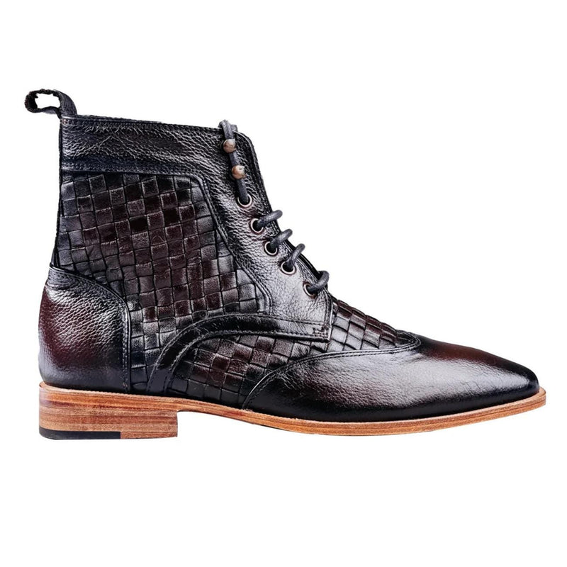 Black men's leather ankle boots with a combination of smooth and textured crocodile pattern leather, lace-up closure, and wooden sole